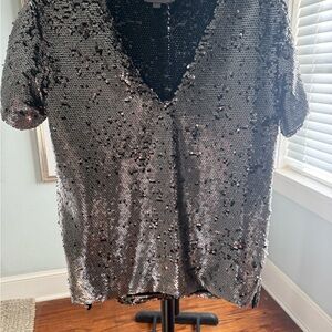 Sequin V-Neck Black Top